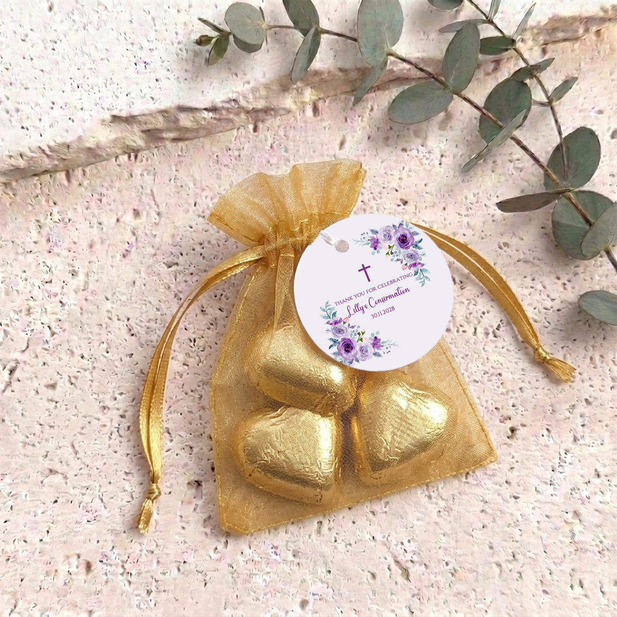 Pink Purple Roses Confirmation Personalised Organza Bags with Chocolate Hearts