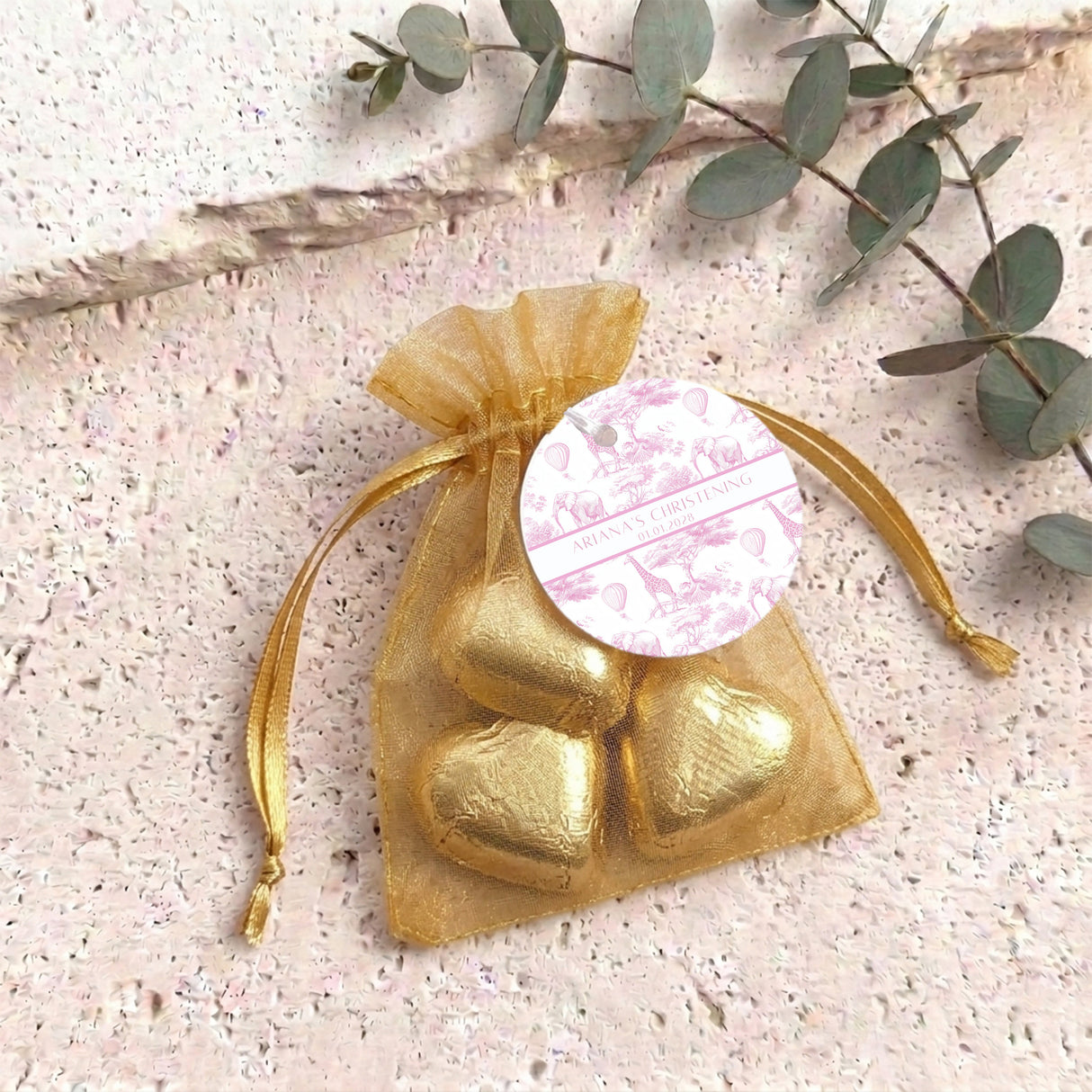 Pink Safari Toile Christening Personalised Organza Bags with Chocolate Hearts