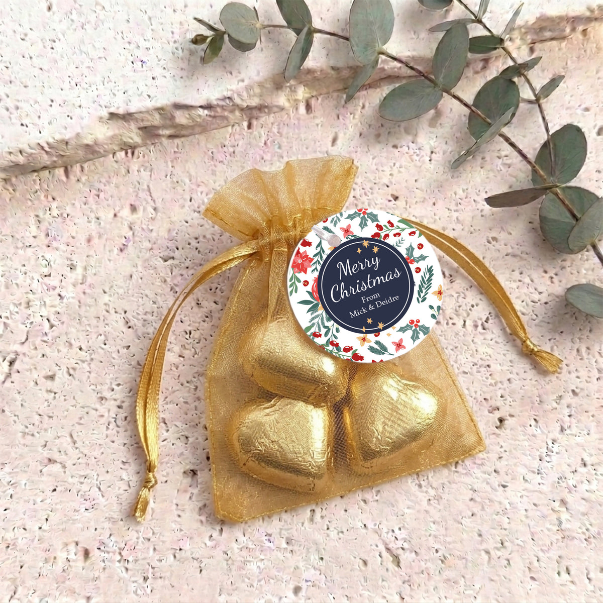 Christmas Florals Personalised Organza Bags with Chocolate Hearts