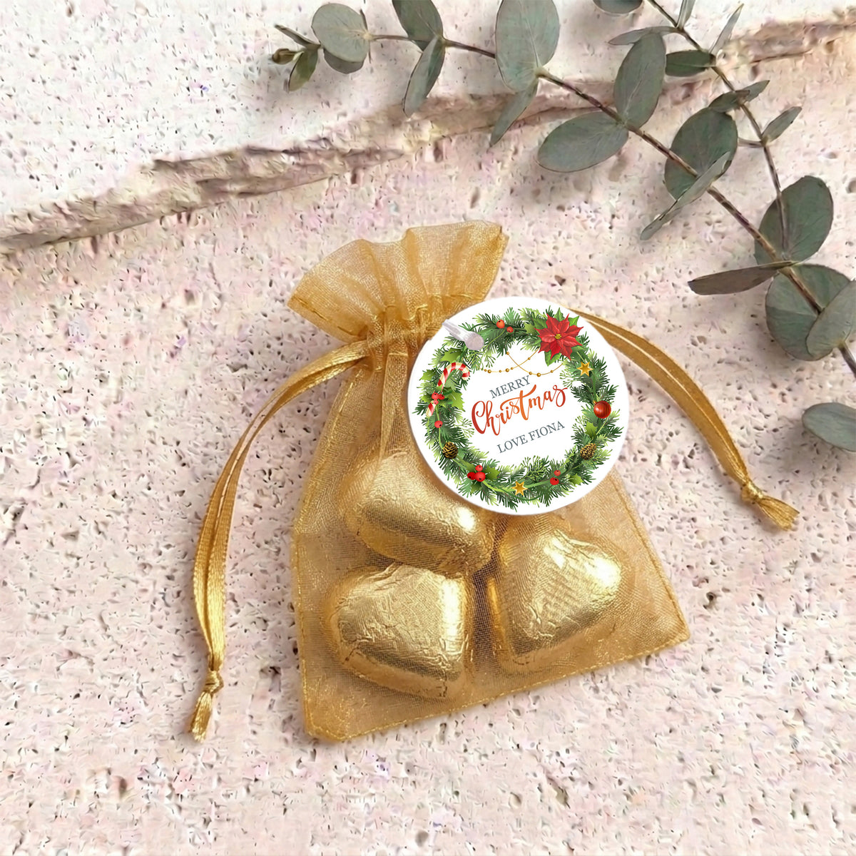 Christmas Wreath Personalised Organza Bags with Chocolate Hearts