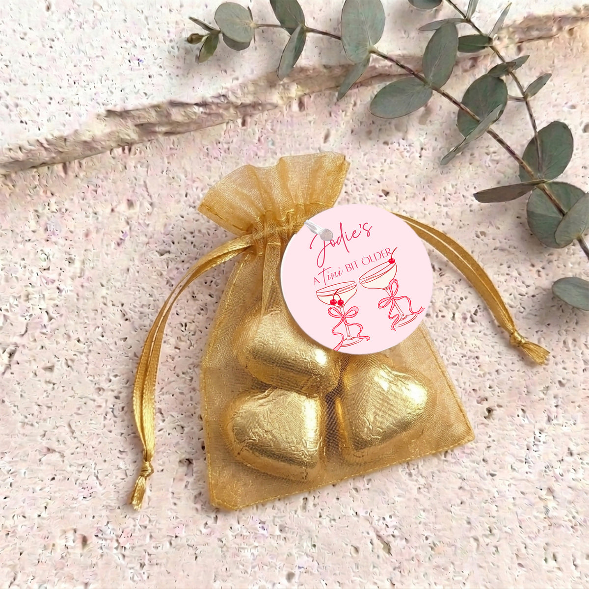 Tini Bit Older Martini Personalised Organza Bags with Chocolate Hearts