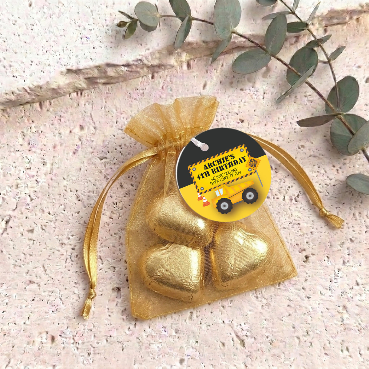 Trucks Diggers Birthday Personalised Organza Bags with Chocolate Hearts