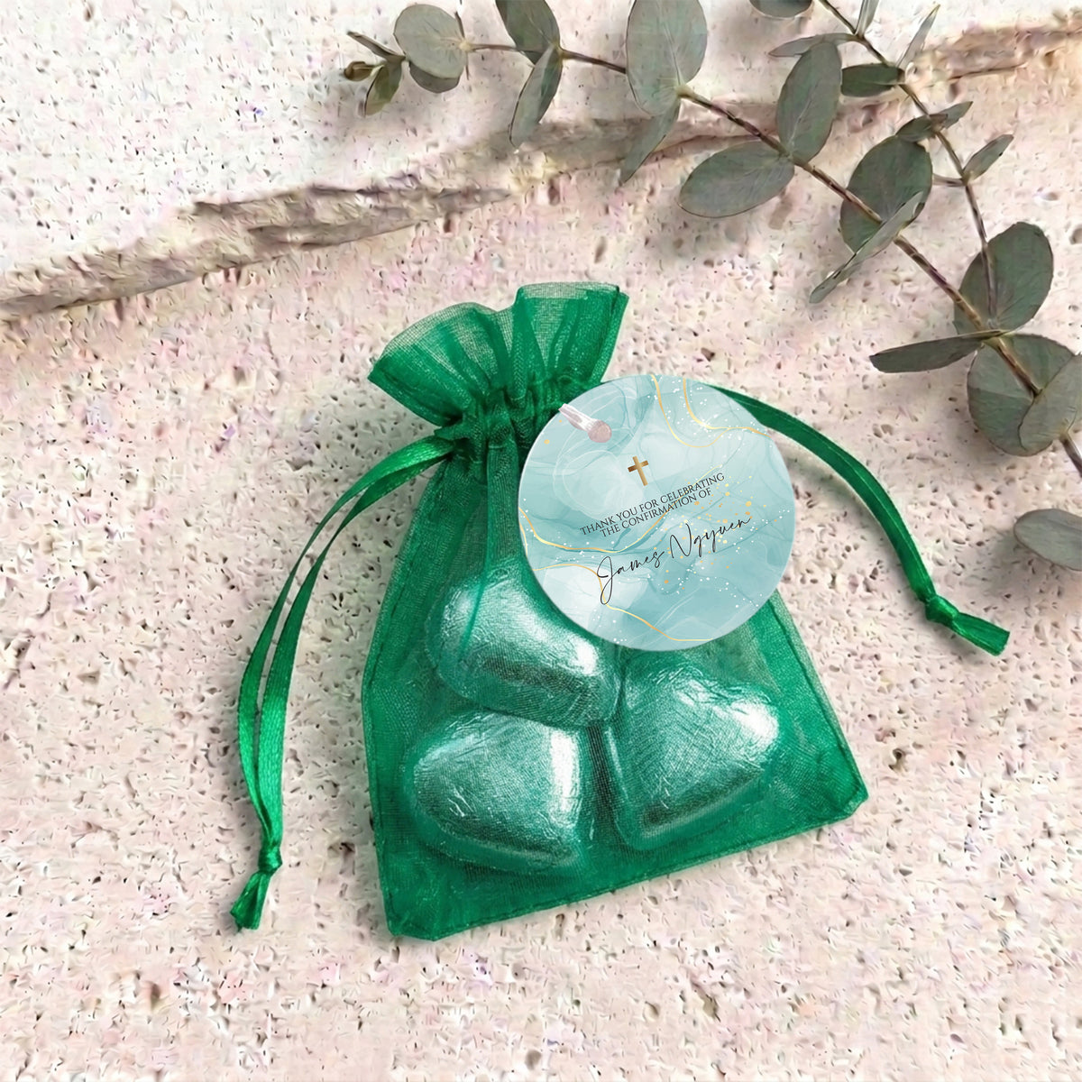 Green Gold Cross Confirmation Personalised Organza Bags with Chocolate Hearts