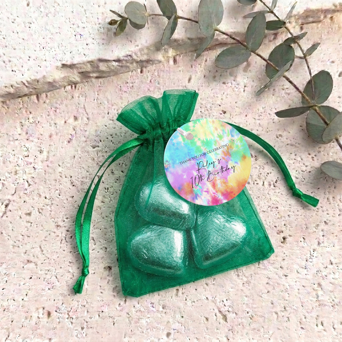 Kids Tie Dye Birthday Personalised Organza Bags with Chocolate Hearts