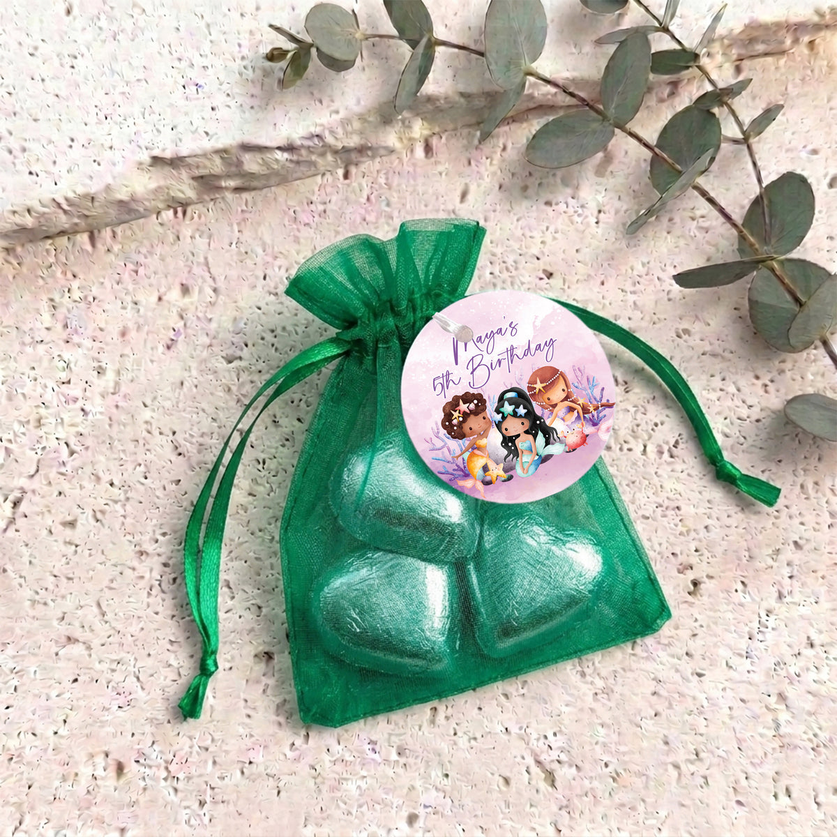Mermaids Birthday Personalised Organza Bags with Chocolate Hearts