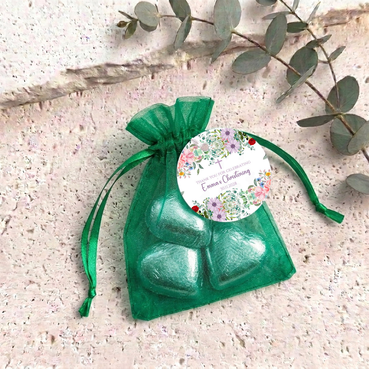 Wildflower Christening Personalised Organza Bags with Chocolate Hearts