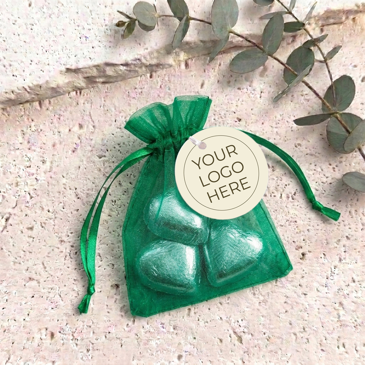 Corporate Personalised Organza Bags with Chocolate Hearts