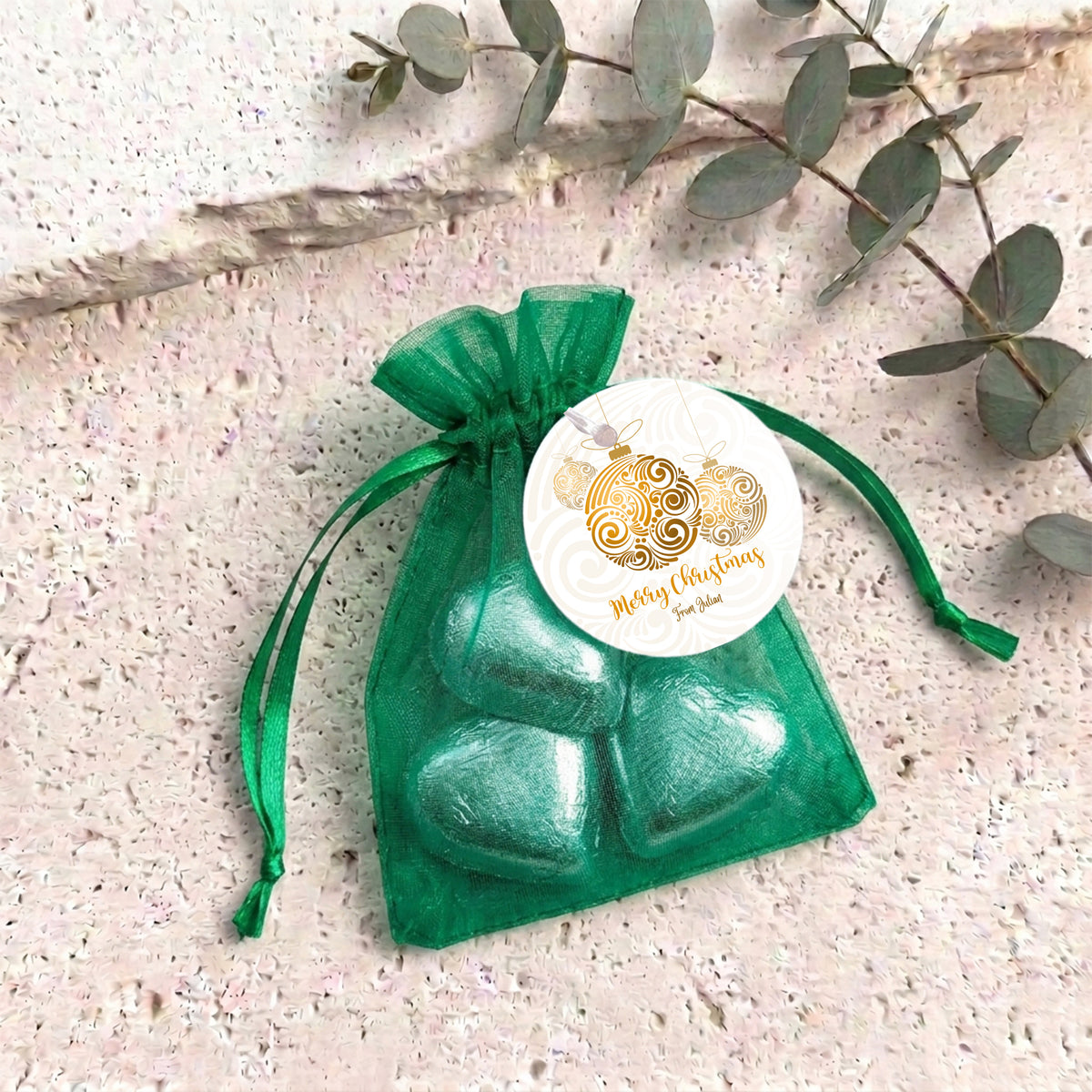 Christmas Gold Balls Personalised Organza Bags with Chocolate Hearts
