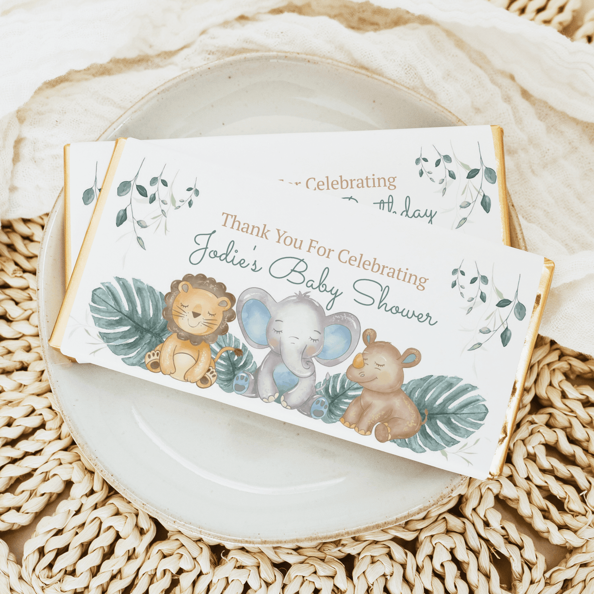 Personalised baby shower chocolate bars with happy animal jungle wrappers, thank-you text