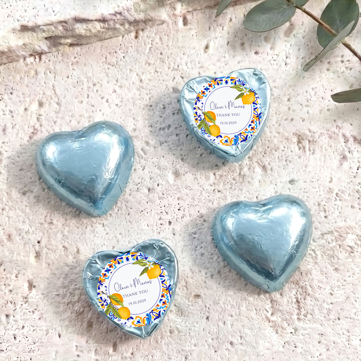 Amalfi Lemons Wedding Personalised Foil Covered Chocolate Hearts