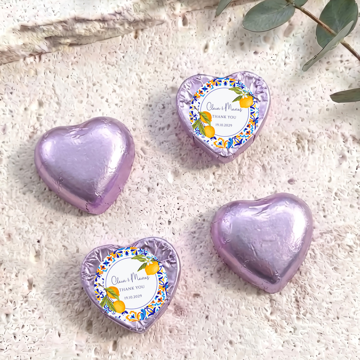 Amalfi Lemons Wedding Personalised Foil Covered Chocolate Hearts