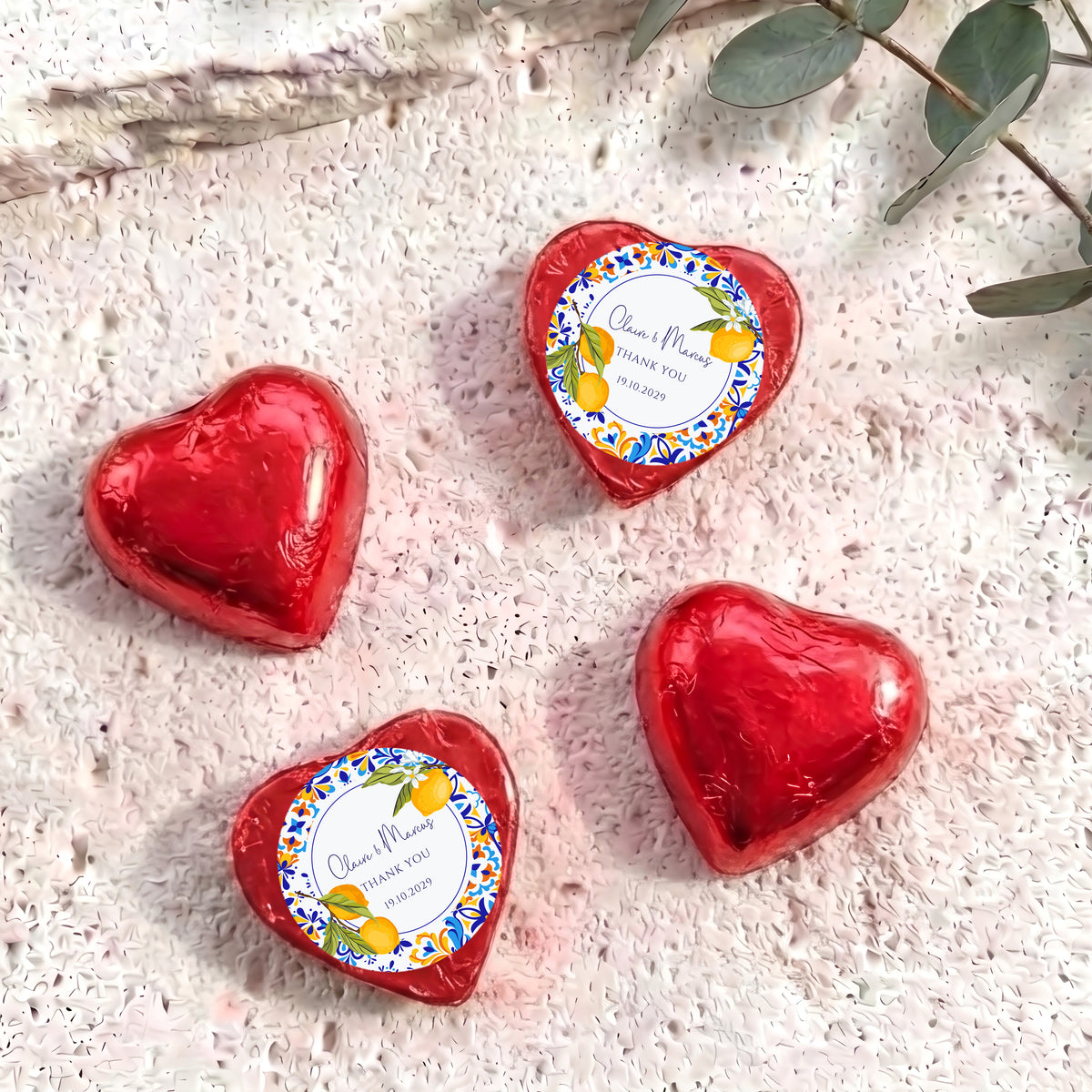 Amalfi Lemons Wedding Personalised Foil Covered Chocolate Hearts
