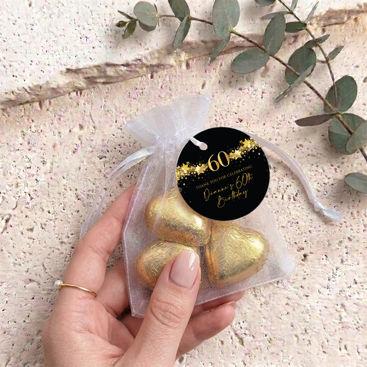 60Th Birthday Black Gold Stars Personalised Organza Bags with Chocolate Hearts