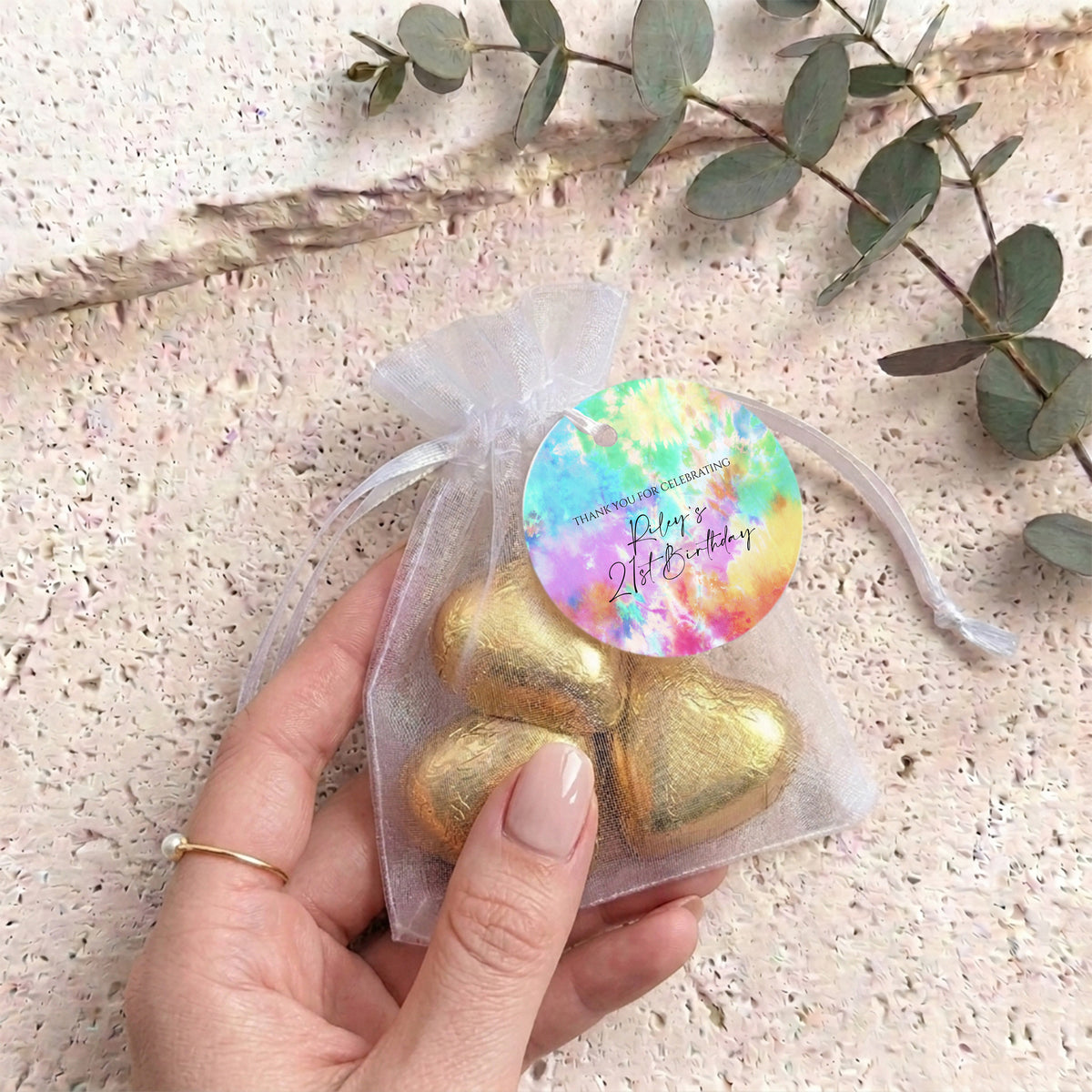 Adult Tie Dye Birthday Personalised Organza Bags with Chocolate Hearts