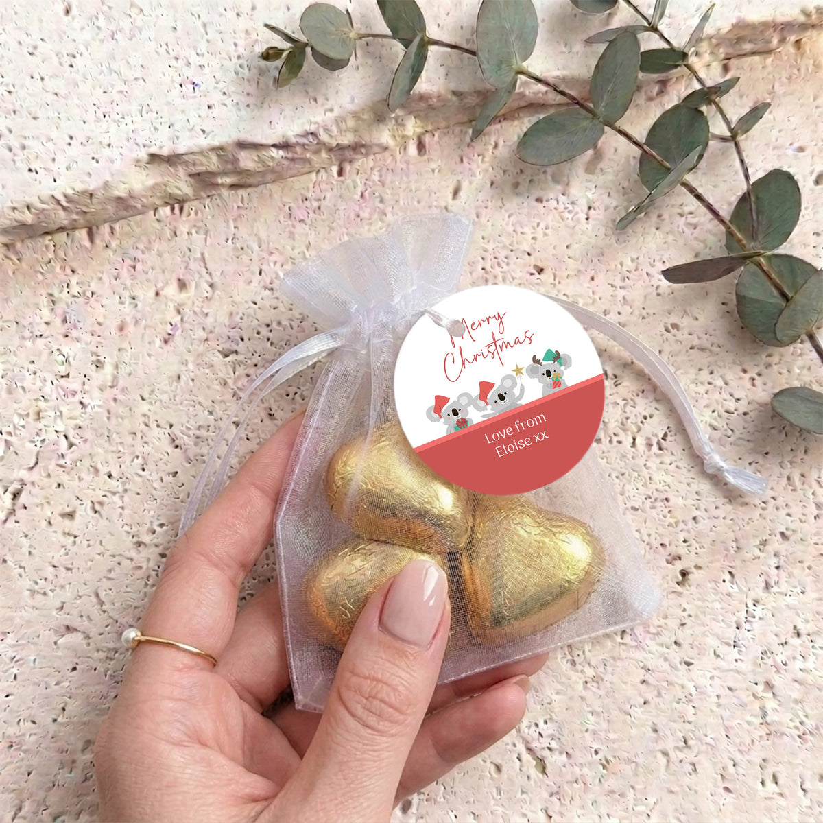 Christmas Koalas Personalised Organza Bags with Chocolate Hearts