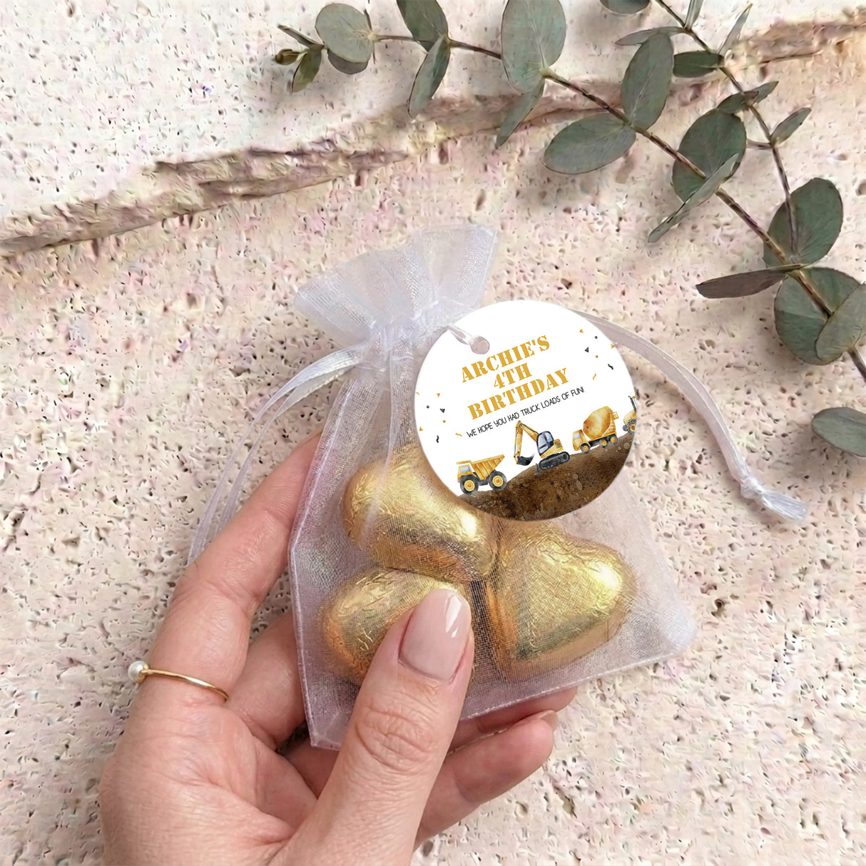 Construction Trucks Personalised Organza Bags with Chocolate Hearts