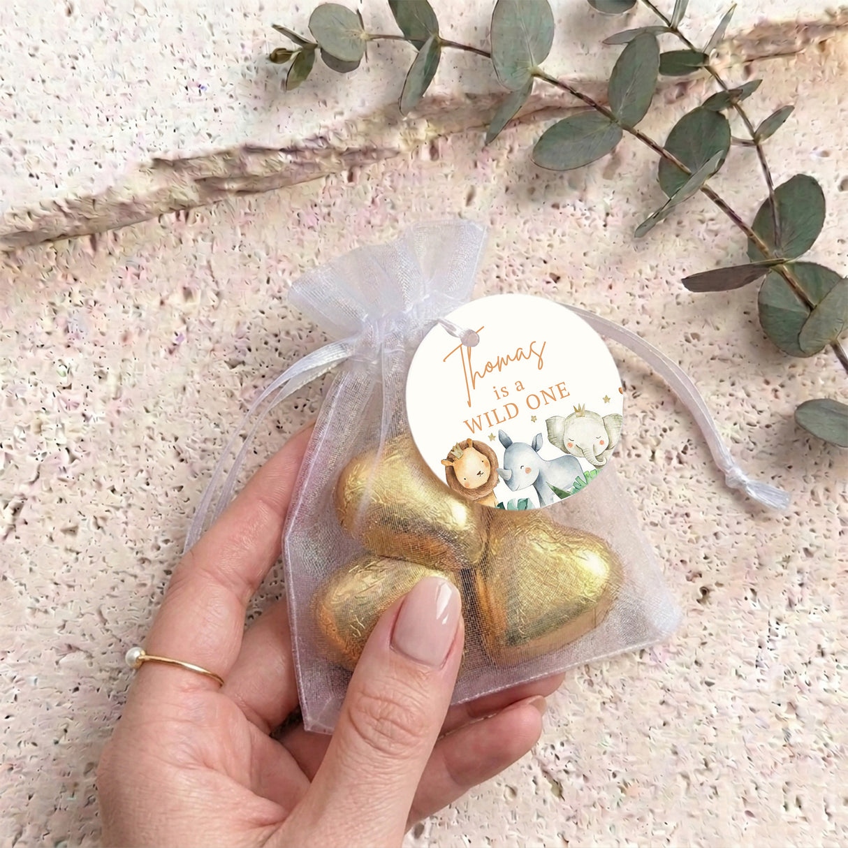 Cute Watercolor Baby Animals Wild One Personalised Organza Bags with Chocolate Hearts