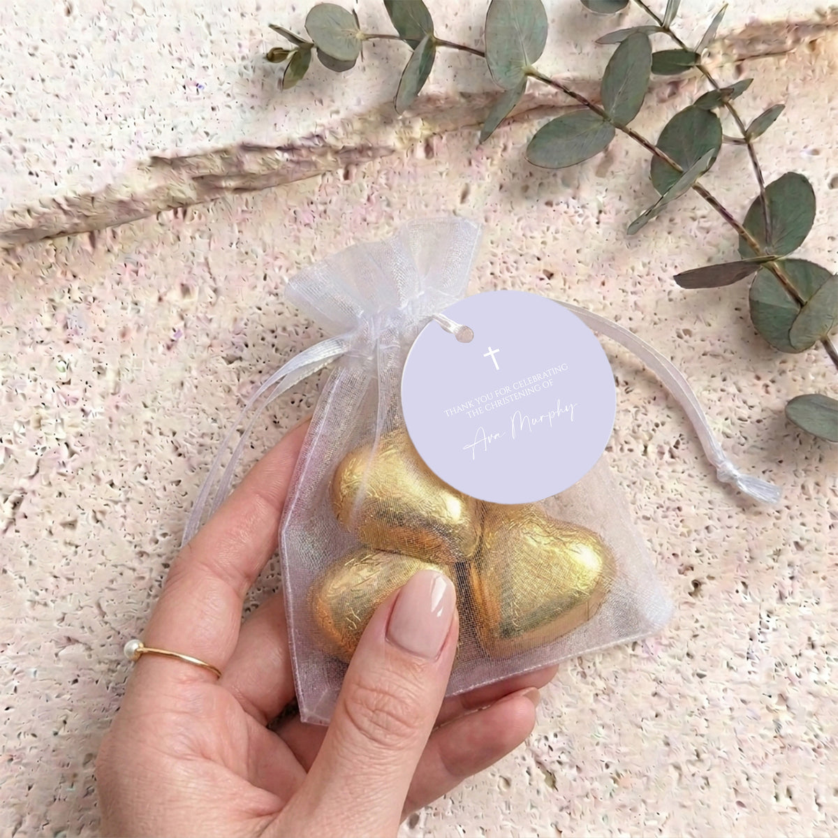 Lilac White Cross Christening Personalised Organza Bags with Chocolate Hearts