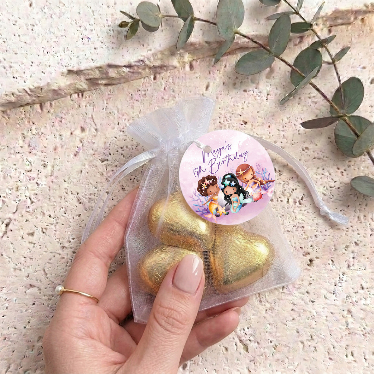 Mermaids Birthday Personalised Organza Bags with Chocolate Hearts