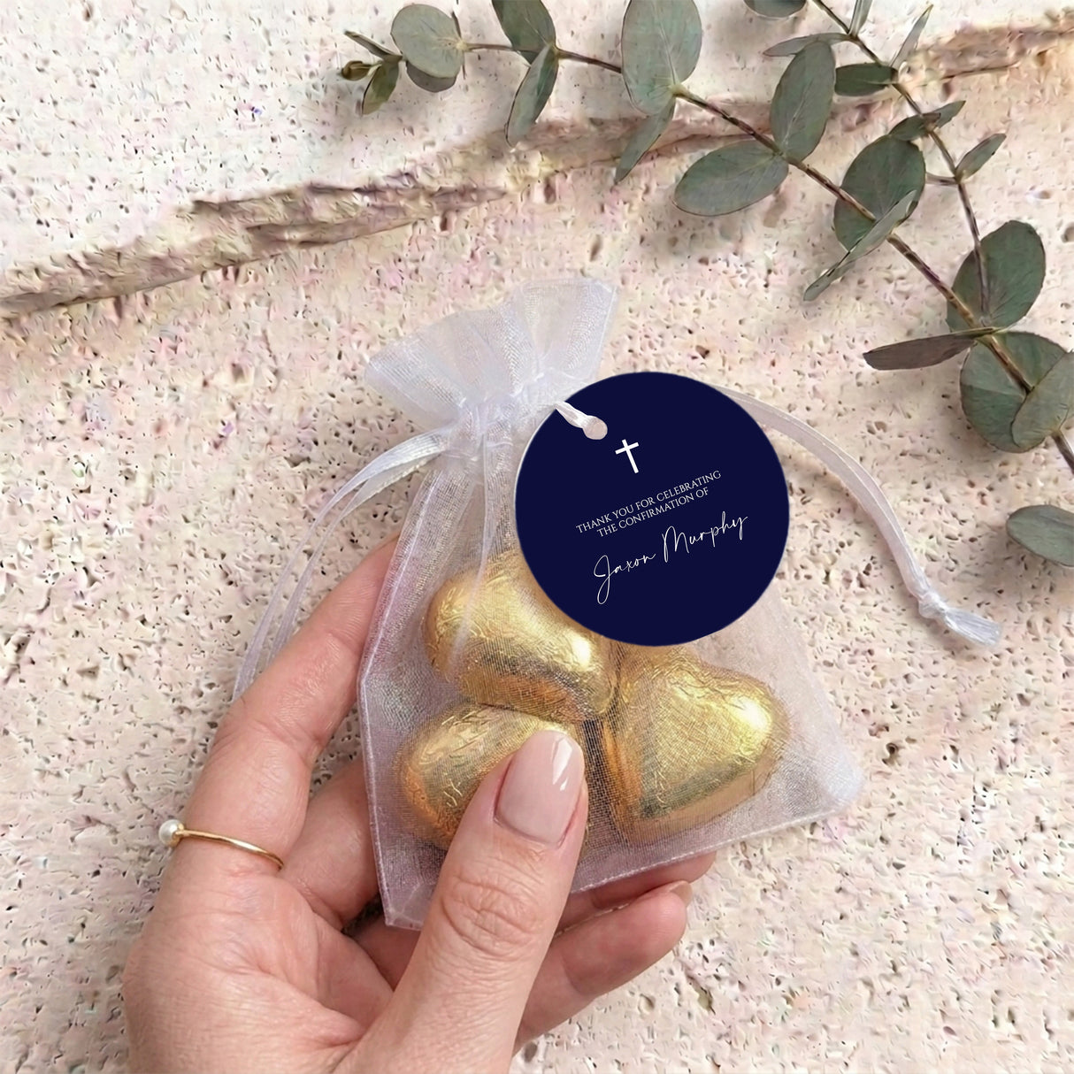 Navy Blue White Cross First Holy Communion Personalised Organza Bags with Chocolate Hearts