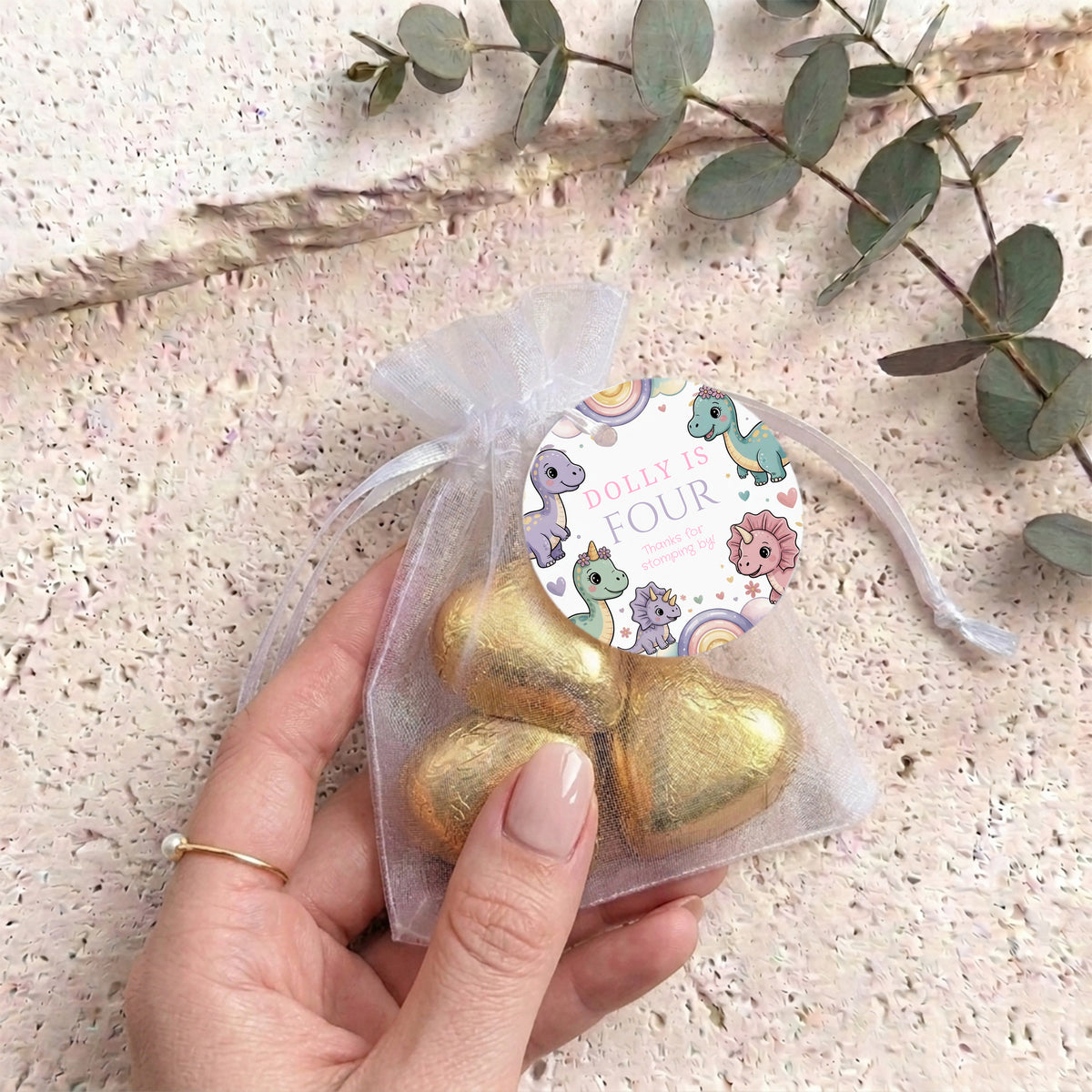 Pastel Cutie Dinosaur Girls Birthday Personalised Organza Bags with Chocolate Hearts
