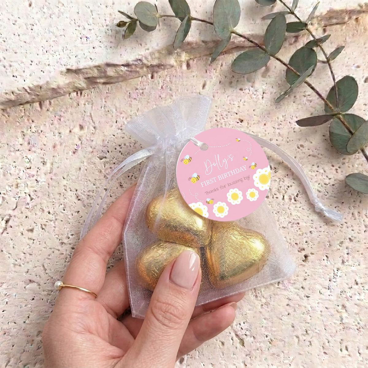 Pink Bumble Bee First Birthday Personalised Organza Bags with Chocolate Hearts