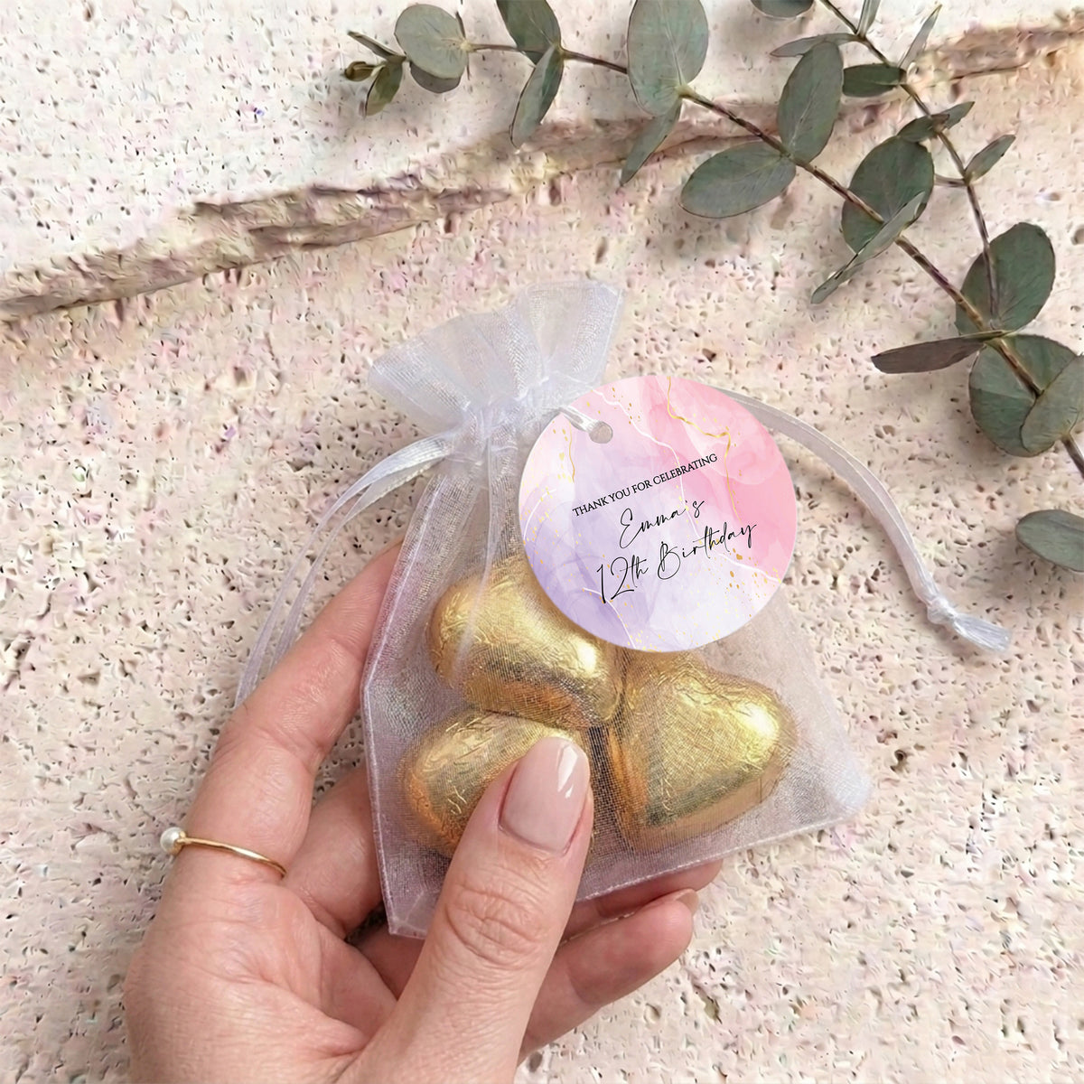 Pink Purple Marble Kids Birthday Personalised Organza Bags with Chocolate Hearts