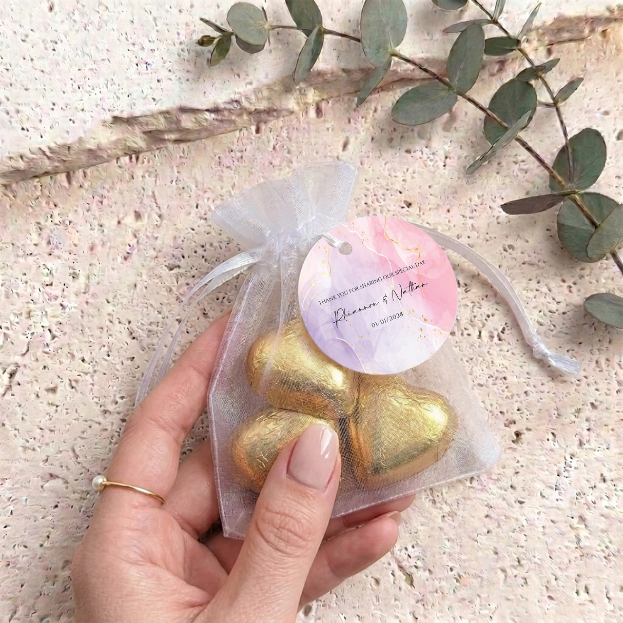 Pink Purple Marble Weddings Personalised Organza Bags with Chocolate Hearts
