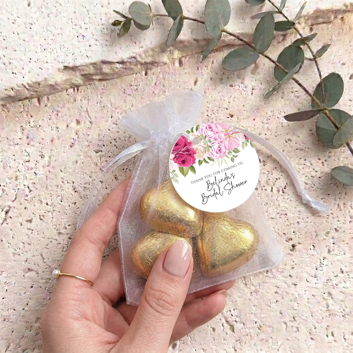Pink Rose Waterfall Bridal Shower Personalised Organza Bags with Chocolate Hearts