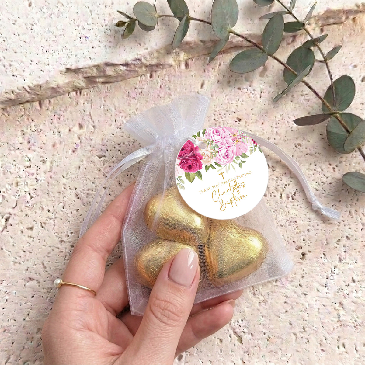 Pink Rose Waterfall Christening Personalised Organza Bags with Chocolate Hearts
