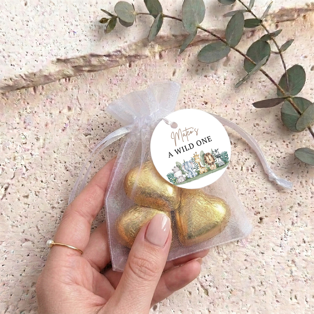 Two Wild Personalised Organza Bags with Chocolate Hearts