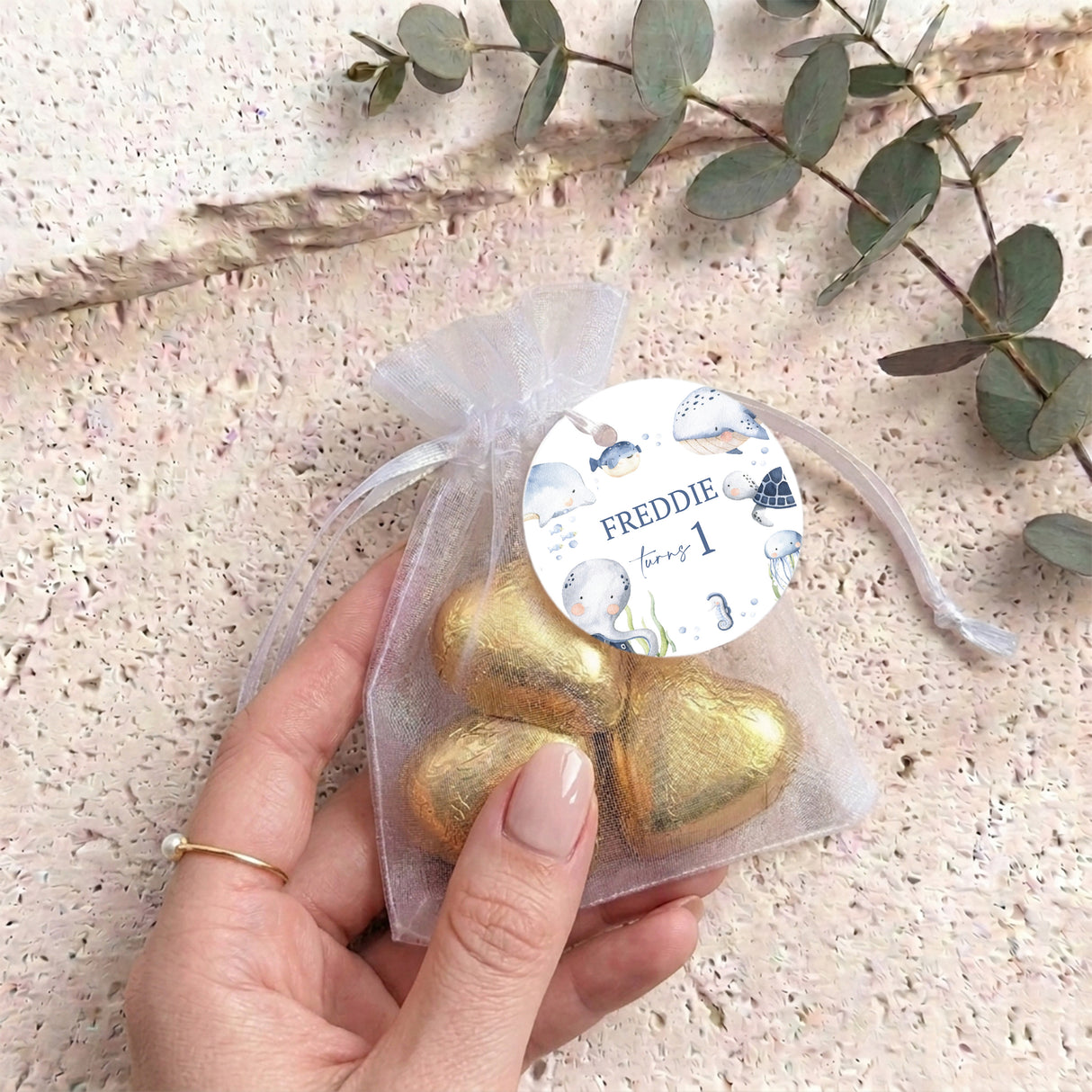 Under The Sea First Birthday Personalised Organza Bags with Chocolate Hearts