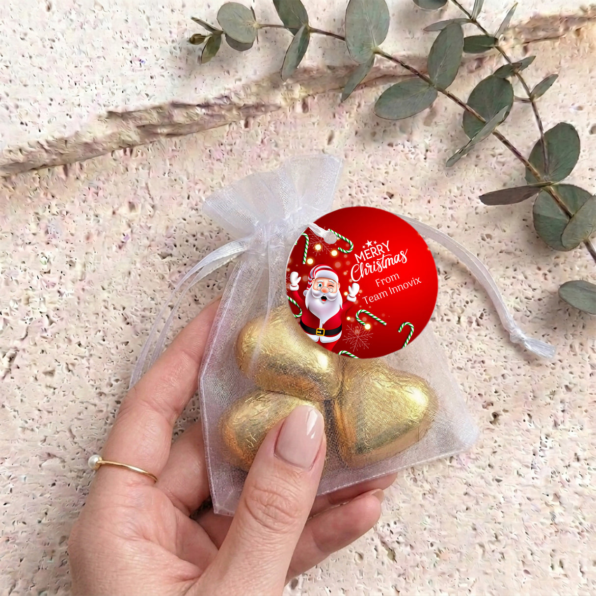Waving Santa Personalised Organza Bags with Chocolate Hearts