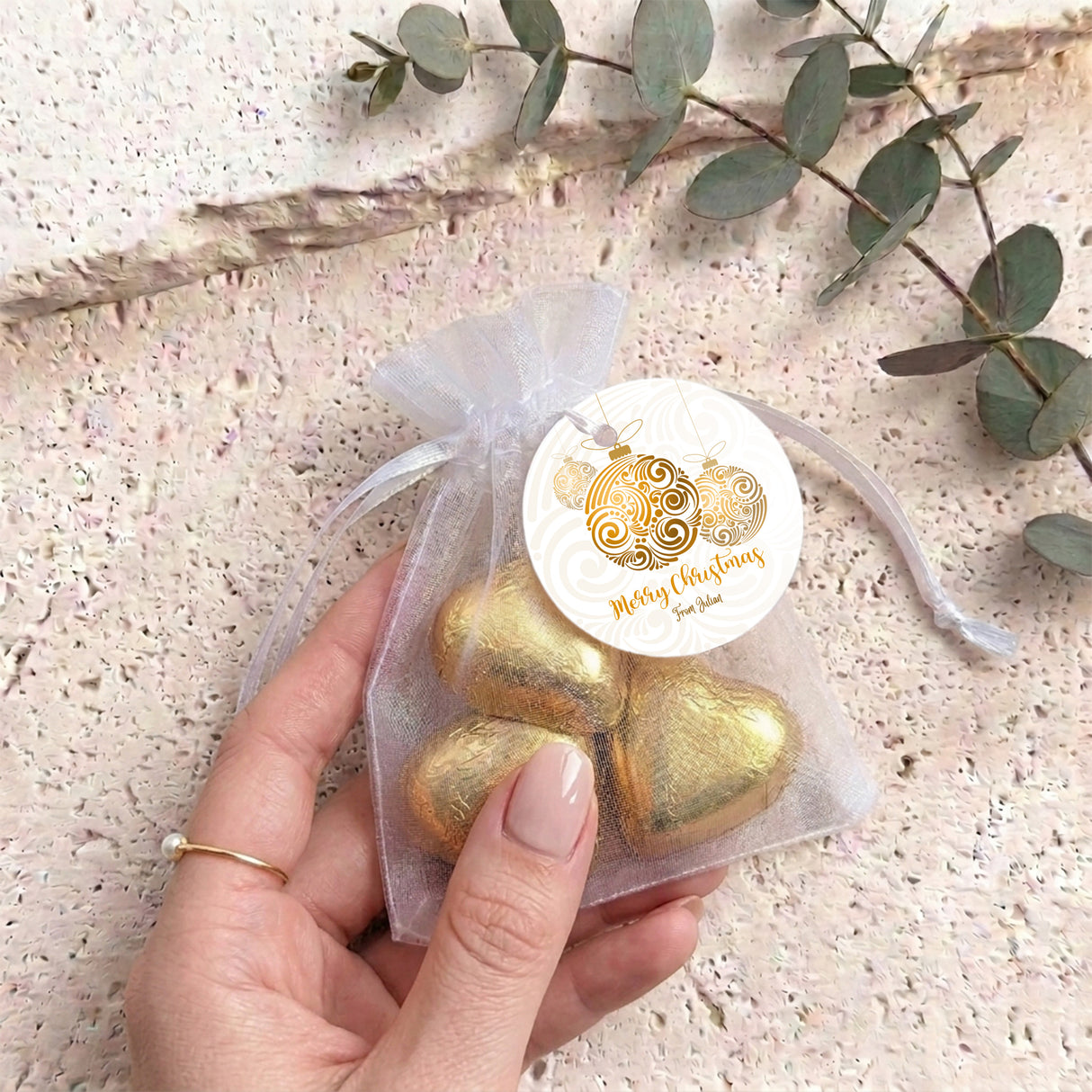 Christmas Gold Balls Personalised Organza Bags with Chocolate Hearts