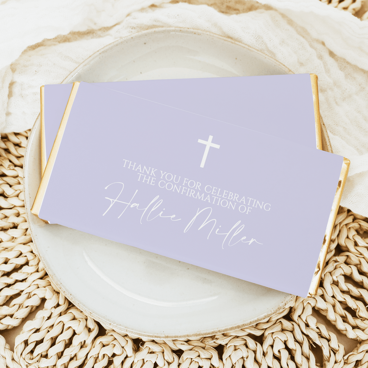 Lilac confirmation chocolate bar wrappers with cross and thank-you text on the front