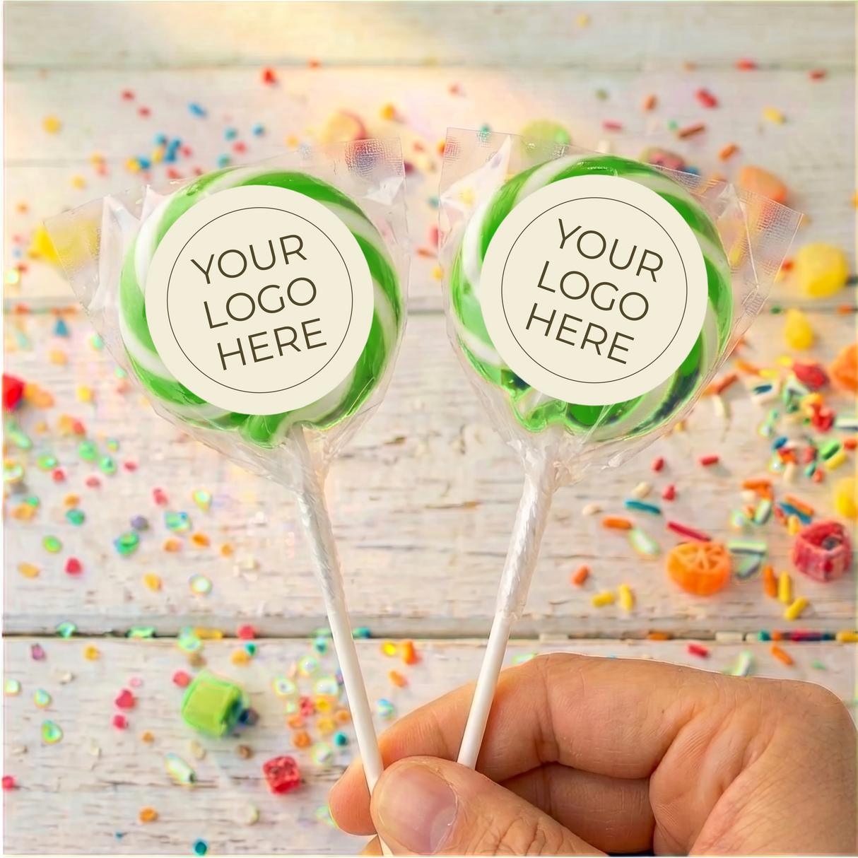 Green swirled lollipops with “Your Logo Here” labels on white sticks