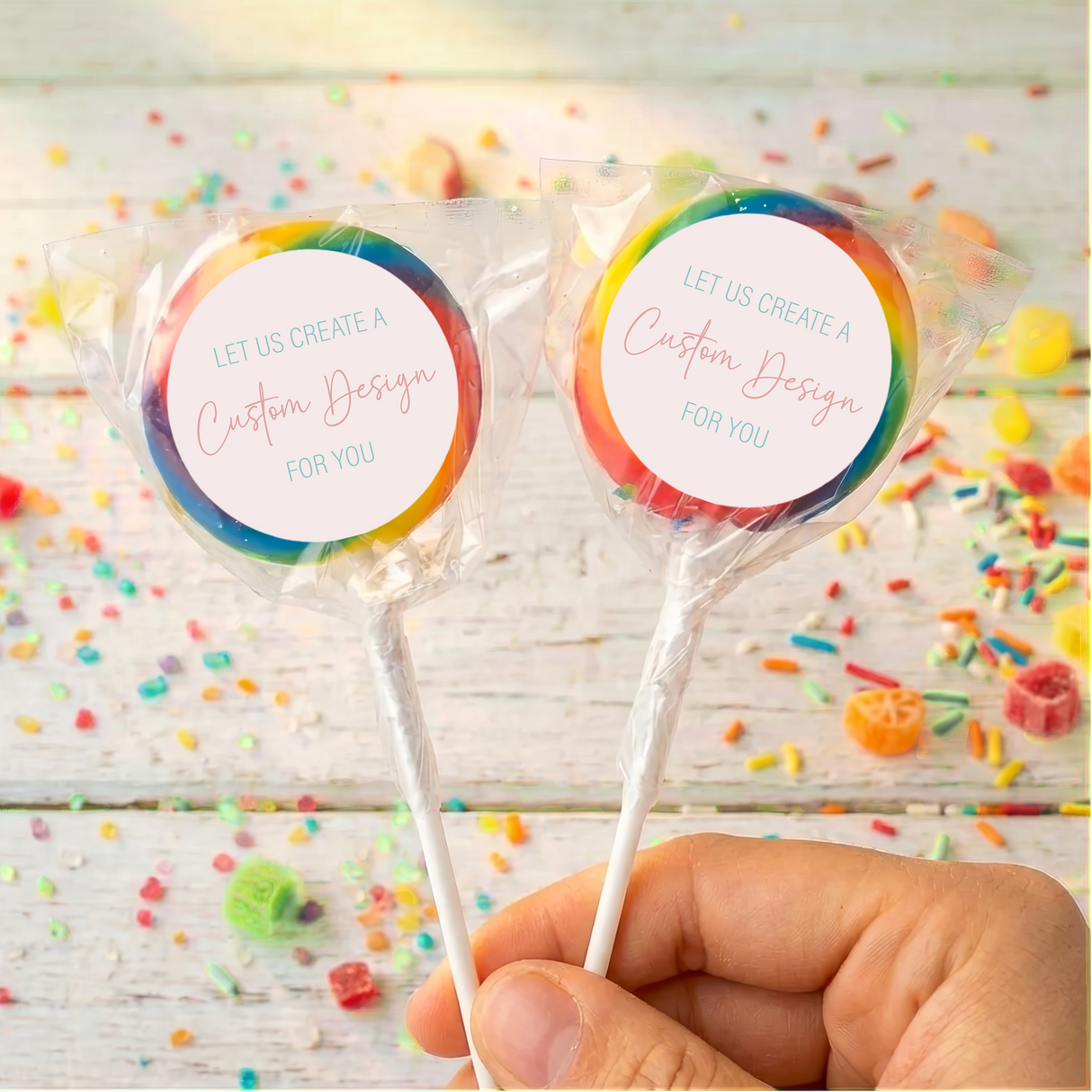 Personalized lollipop pair with blue candy swirl, 'Custom Design' label on each stick