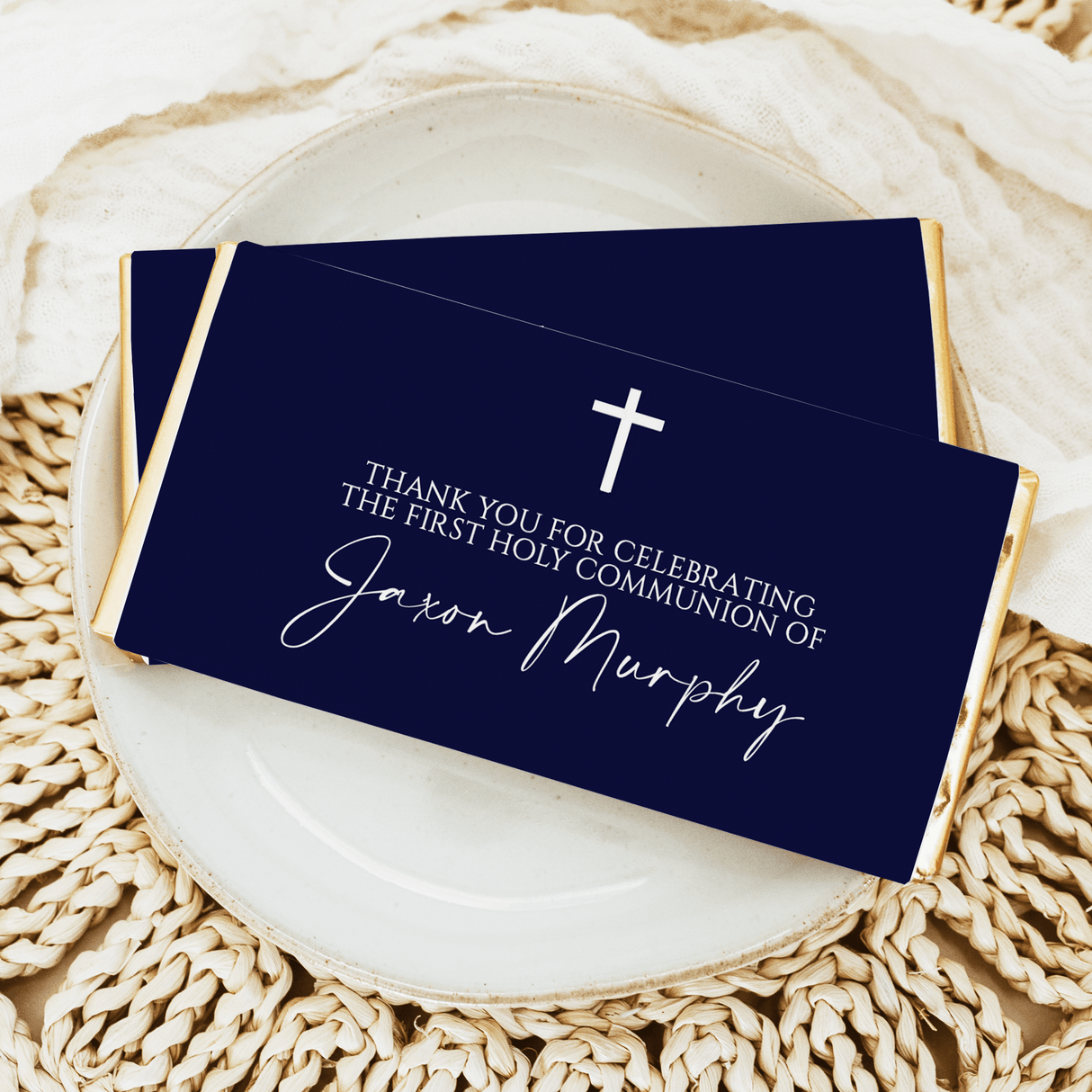 Navy and white custom chocolate bar wrapper with cross and 'Thank you' text