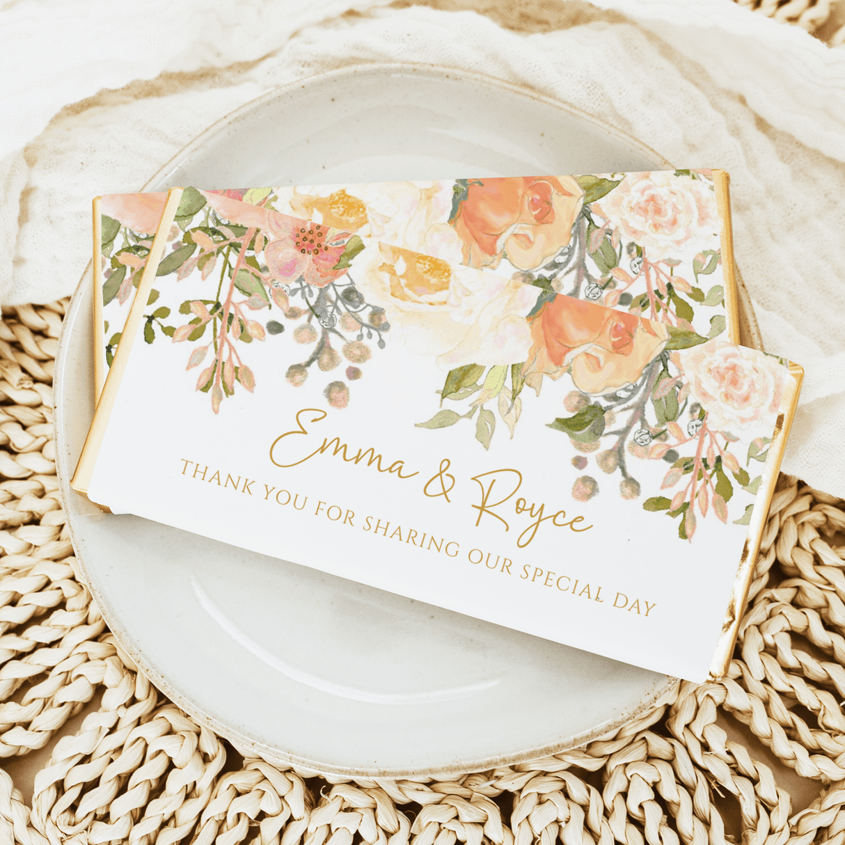 Peach cream floral wedding chocolate bar wrapper with Emma & Royce and thank you text