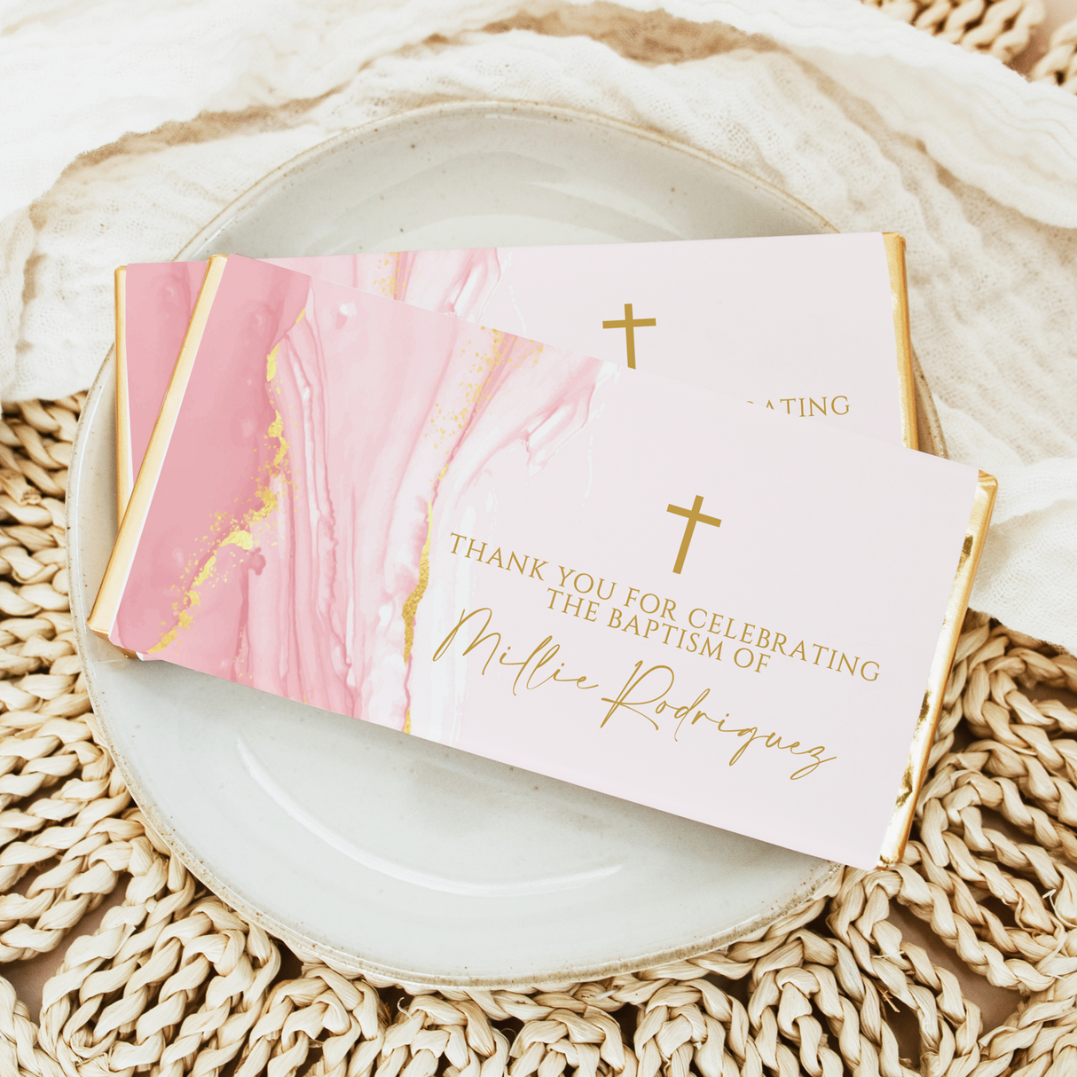 Pink & Gold Marble Custom Watercolour Baptism Chocolate Bars