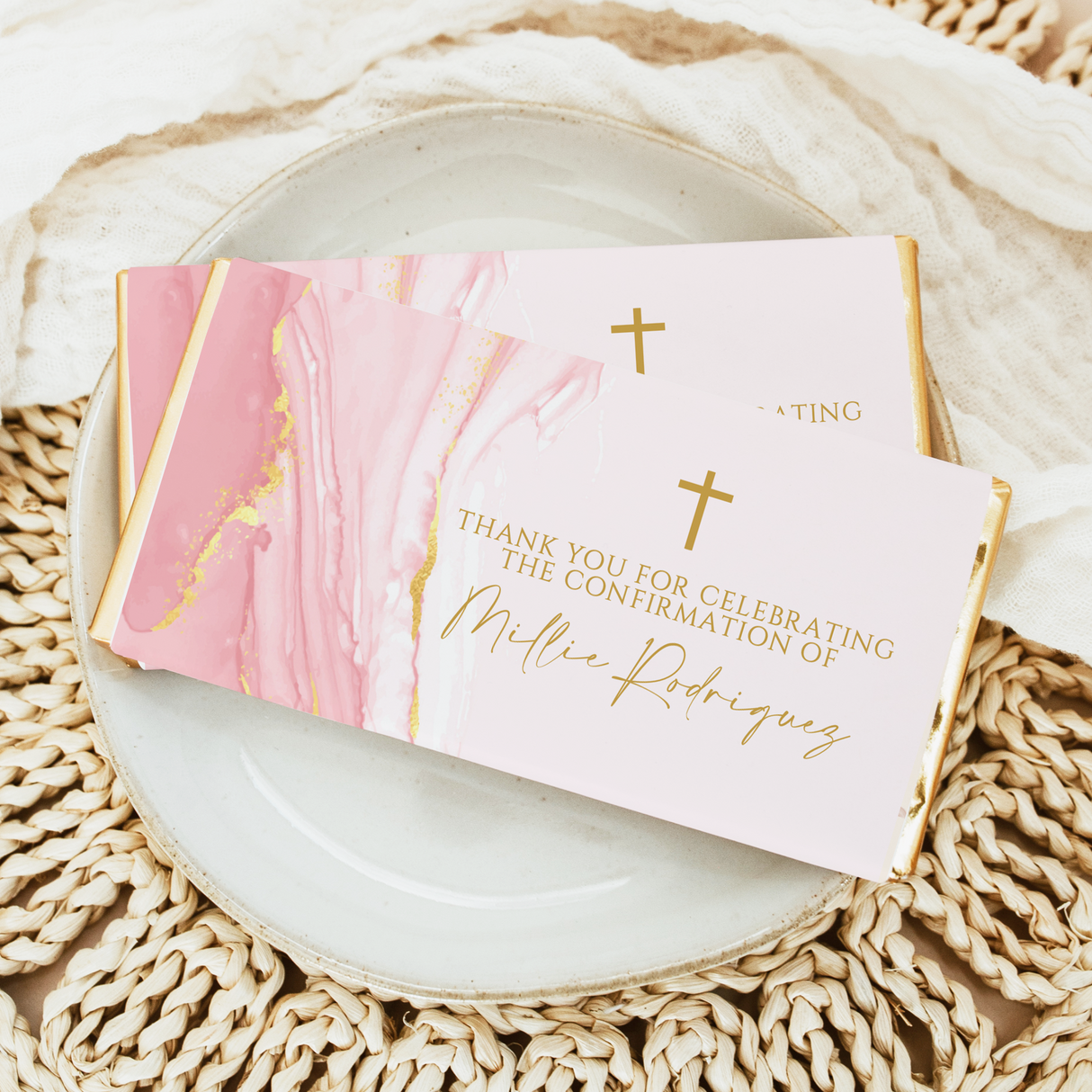 Pink & Gold Marble Custom Watercolour Confirmation Chocolate Bars