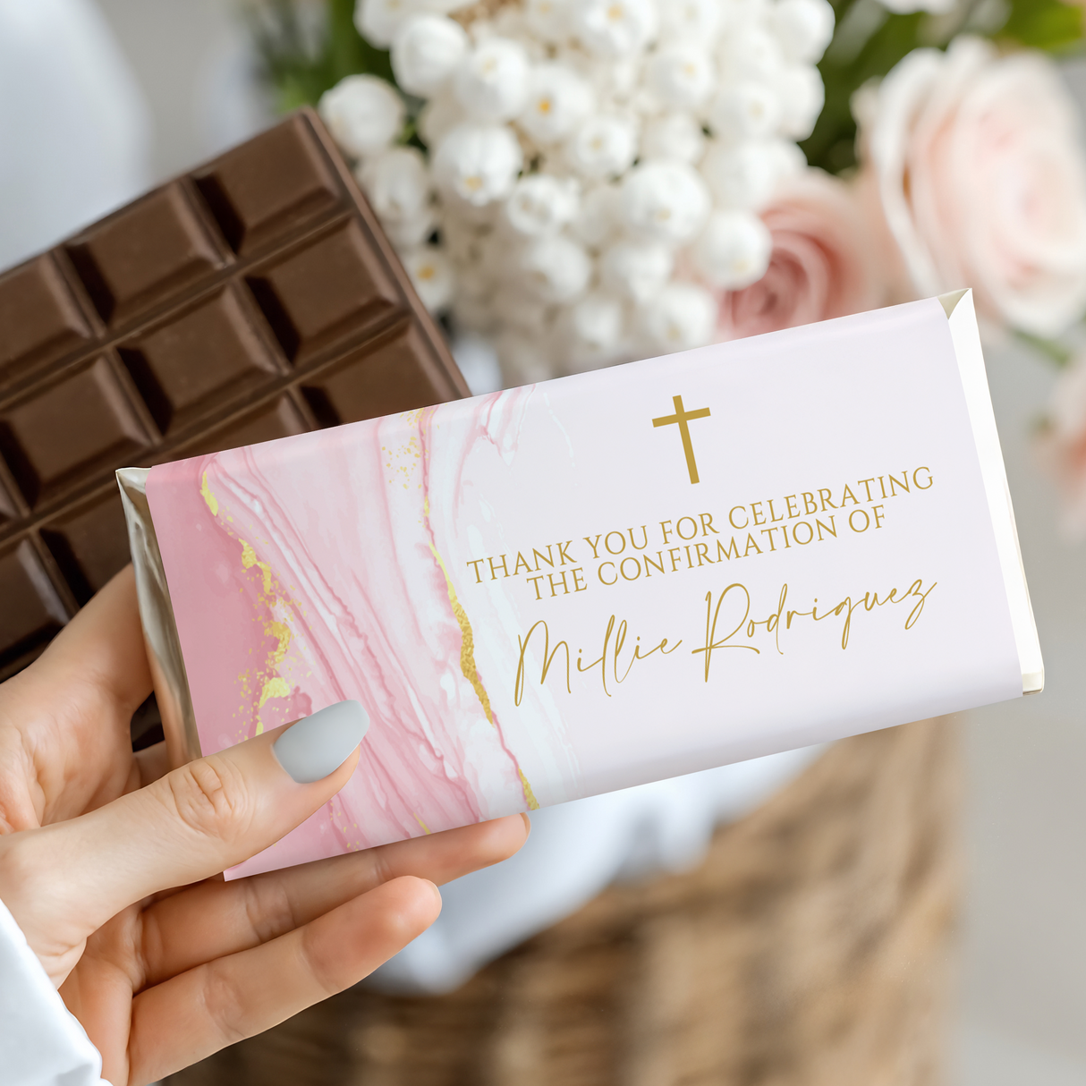 Pink & Gold Marble Custom Watercolour Confirmation Chocolate Bars