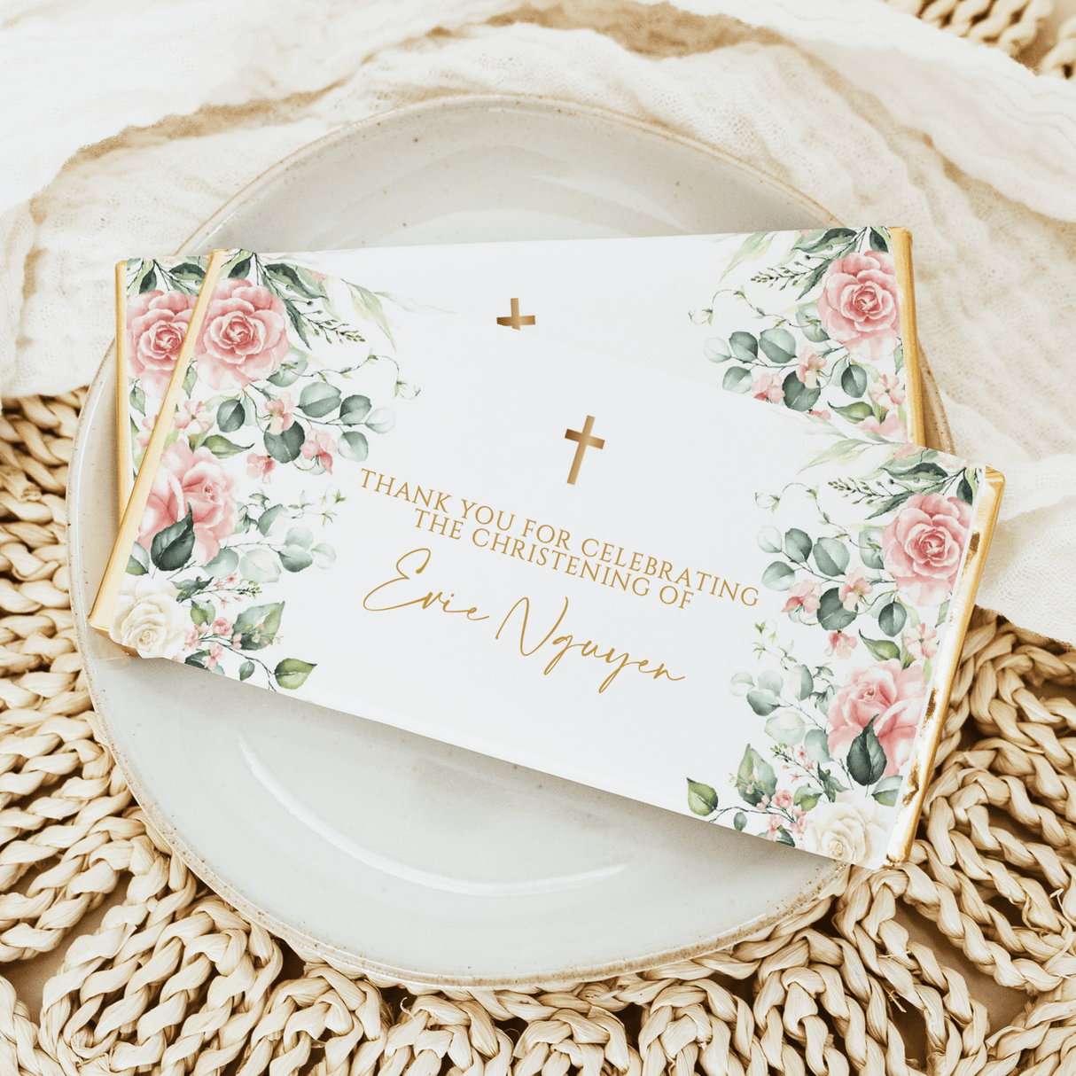 Pink cream floral christening chocolate bar with roses and gold cross design