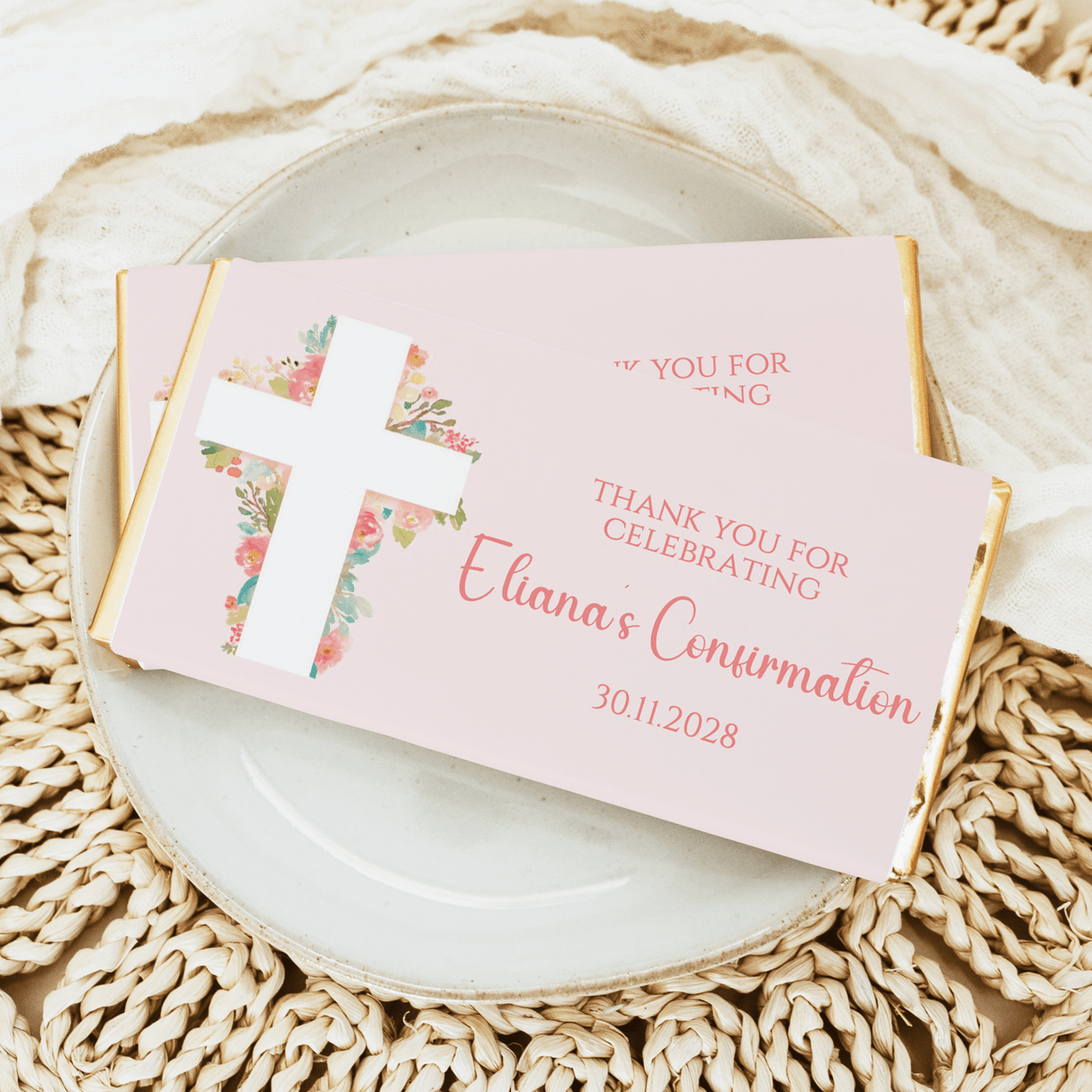 Custom confirmation chocolate bar with pink floral cross and thank-you message card