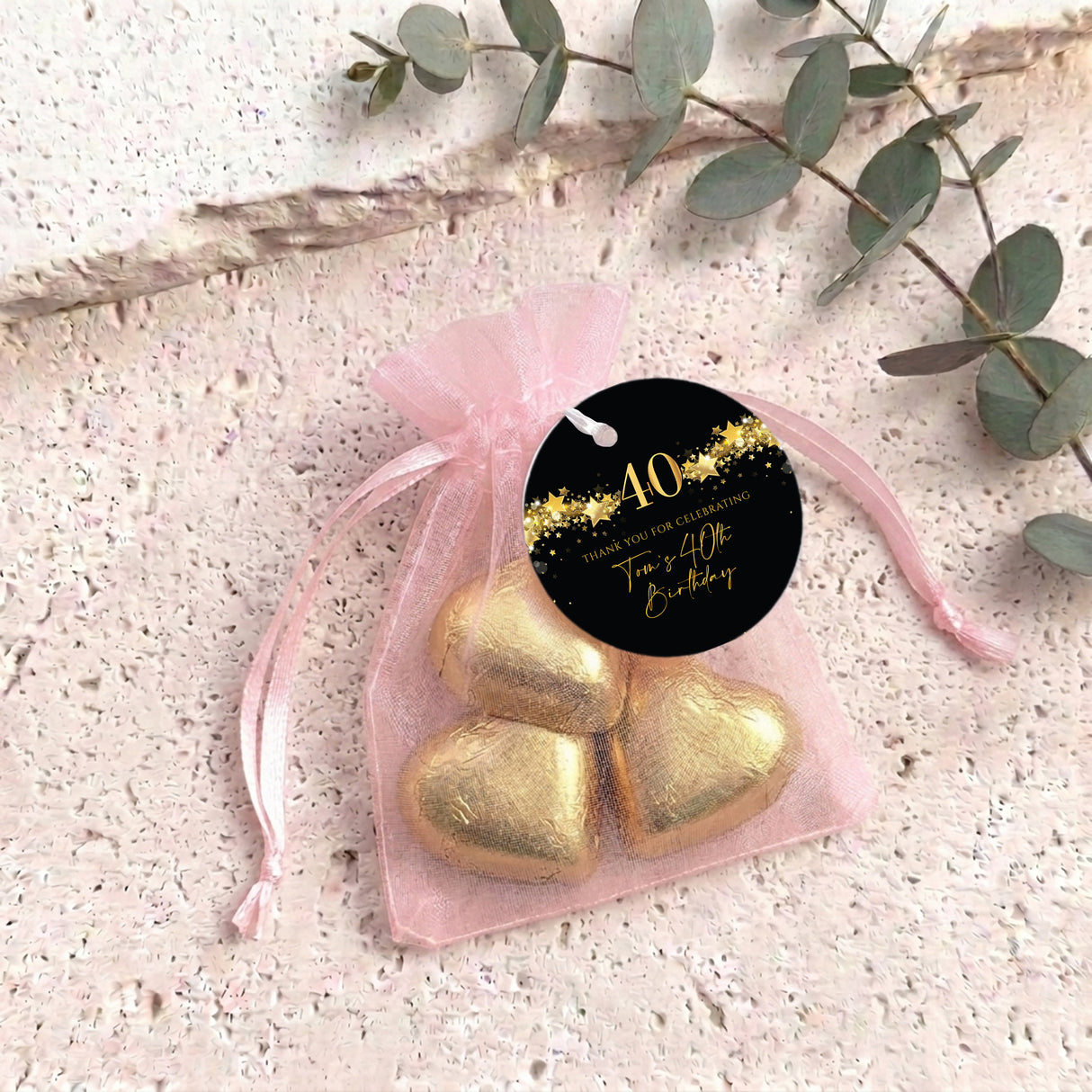 40Th Birthday Black Gold Stars Personalised Organza Bags with Chocolate Hearts