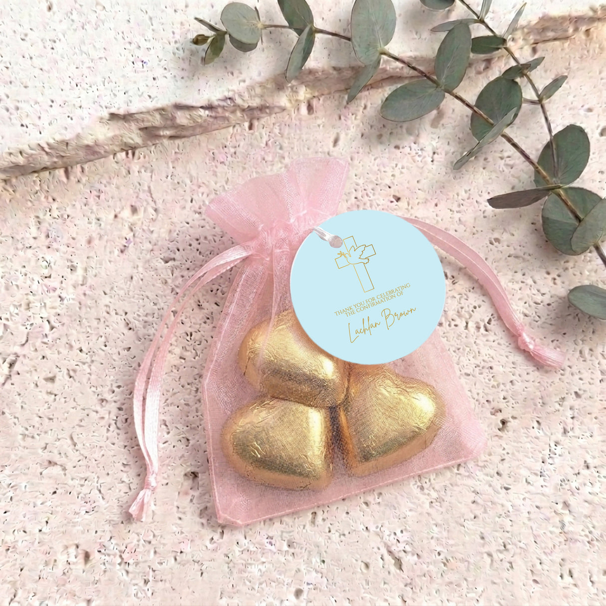 Blue Dove Cross Confimration Personalised Organza Bags with Chocolate Hearts