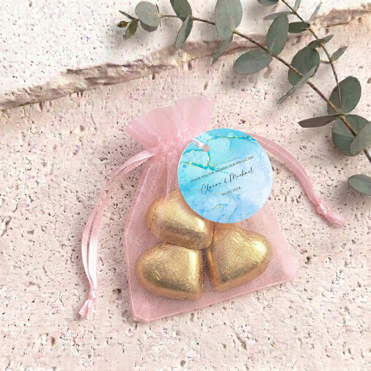 Blue Gold Marble Wedding Personalised Organza Bags with Chocolate Hearts
