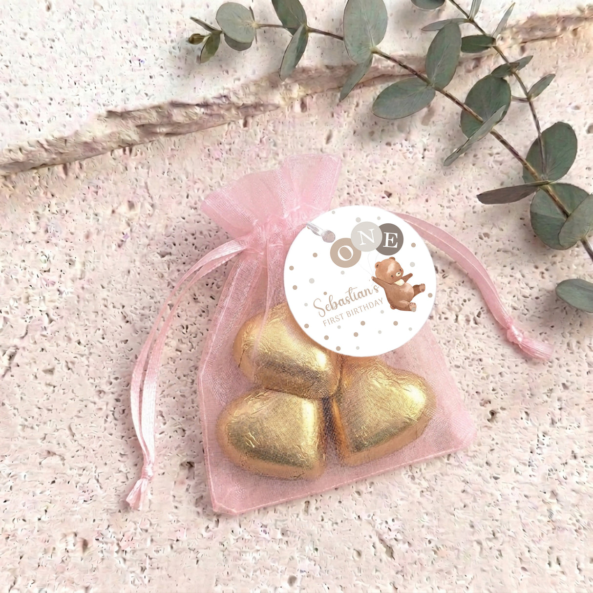 Brown Bear Balloons Baby Personalised Organza Bags with Chocolate Hearts