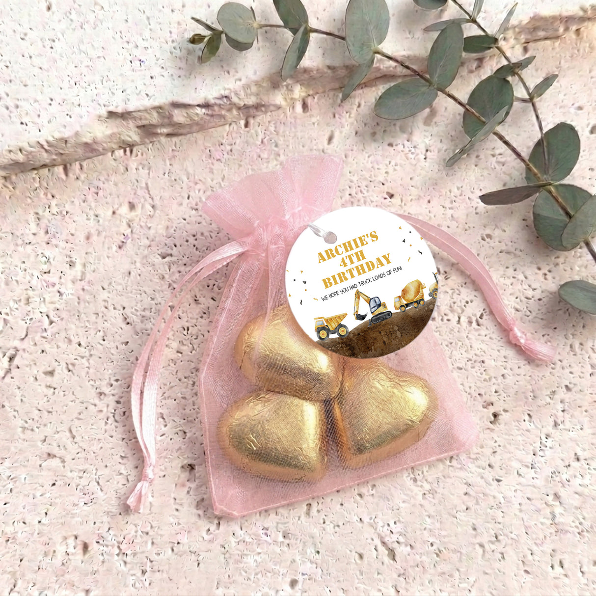 Construction Trucks Personalised Organza Bags with Chocolate Hearts