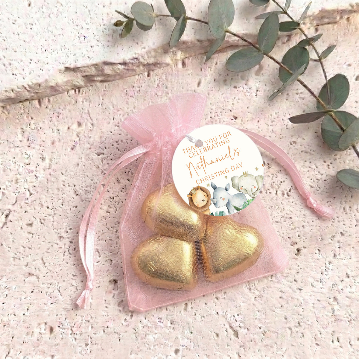 Cute Watercolor Baby Animals Christening Personalised Organza Bags with Chocolate Hearts